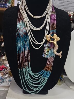 Bundle of mermaid necklace and earrings set with vintage long pearl necklace